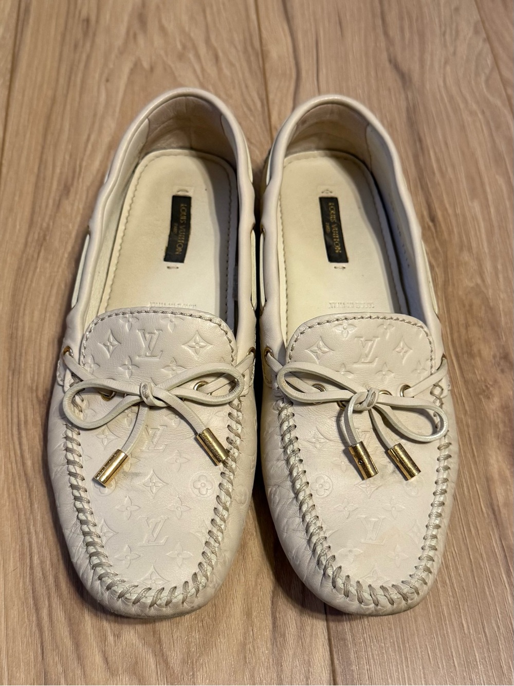 Louis Vuitton Cream Embossed Monogram Driving Loafers Size 38